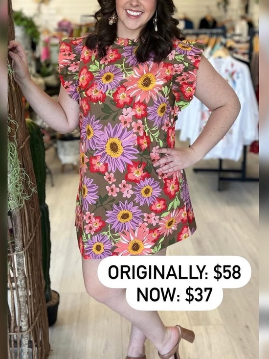 JODIFL Dresses & Skirts - Jodifl Floral Print Dress Ruffled Neckline & Smocked Sleeves Size L